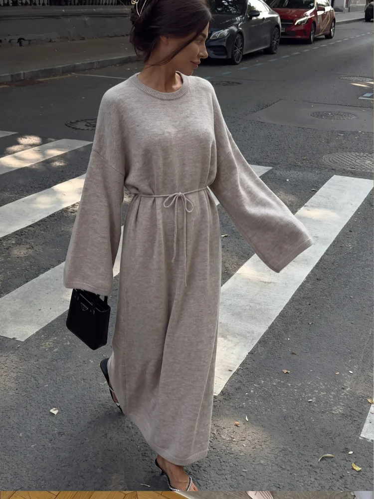 Women's Knit Long Dress Crew Neck Long Sleeve Drawstring Waist Relaxed Fit Soft Knitted Dresses 2026 Women Daily Maxi Gown