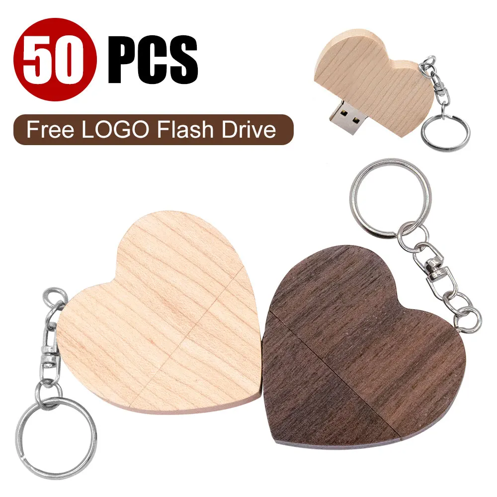 50pcs walnut Love Heart Usb Flash Drive 4GB 8GB 16GB 32GB 64GB Usb 2.0 Gift Pendrive Wooden Pen Drive with Chain for Memory Gift