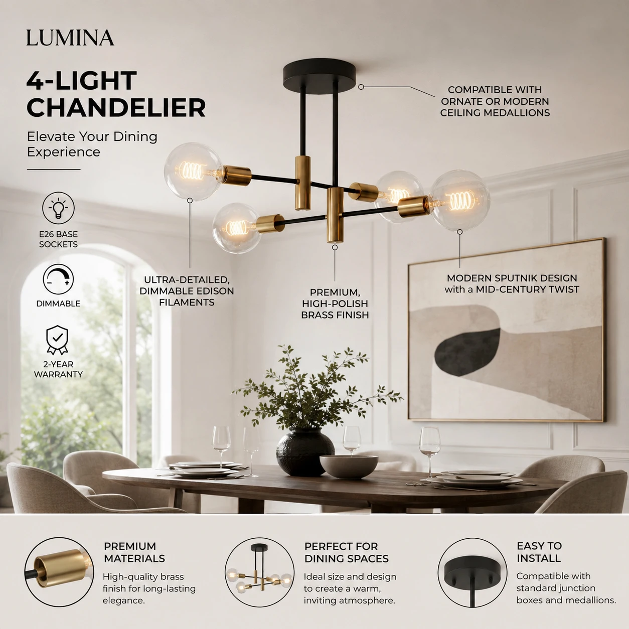 4-Light metal Modern Linear Sputnik Chandelier, 15.75 Inch Gold and Black Ceiling Light for Living Room, Bedroom, Dining Room(not included bulbs)