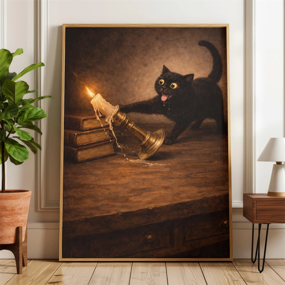 Black Cat Stealing Fruit Still Life Art Print Whimsical Kitchen Decor Cat Still Life Art Poster Neoclassical Floral Funny Pet