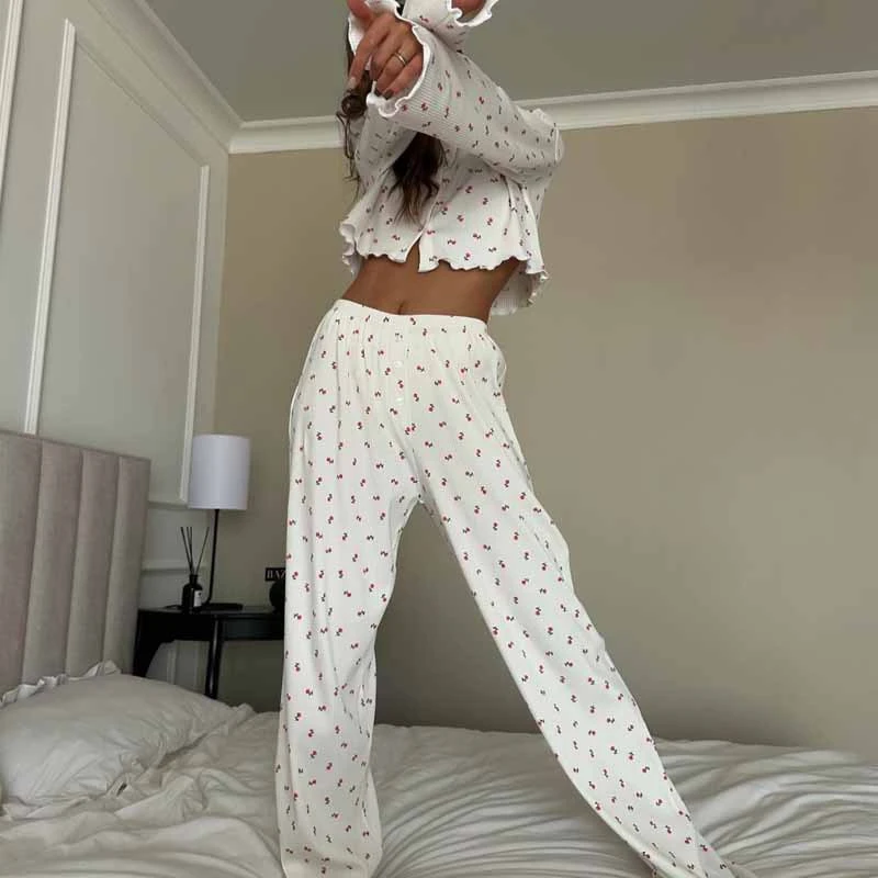 

Floral Print 3Pcs Pajama Set For Women Long-Sleeve Crop Cardigan Slip Vest And Long Pants Soft Fabric Comfortable Loungewear