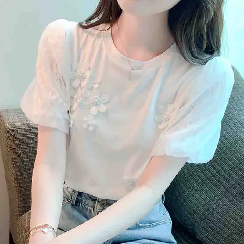 New Sweet Woman Tops Cotton Short Sleeve Women\'s T-shirts Floral Women Clothes Casual Summer White Bottoming Women Tshirts 8542