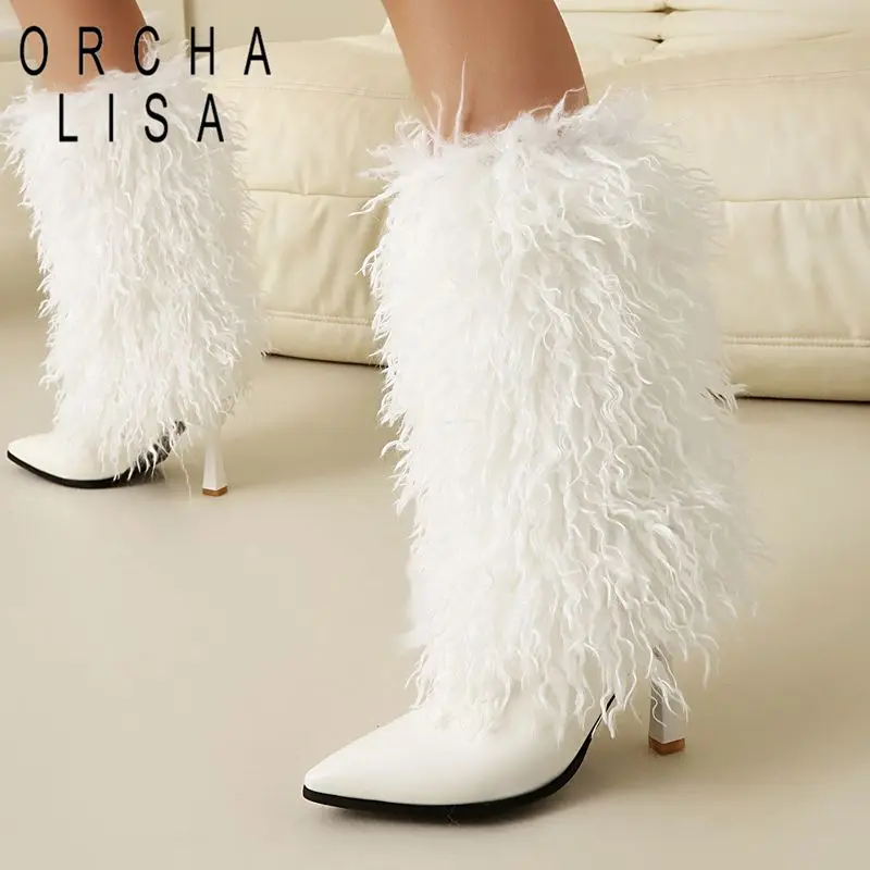 

Fashion Female Knee High Boots Pointed Toe 9cm Stiletto Heel Slip On Extended Size 44 45 46 Warm Furry Fall