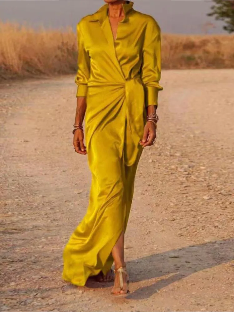 

Casual Lapel V Neck Slim Long Dress For Women Spring Full Sleeve Solid Shirts Dress Elegant Lady Lace Up Split Party Dresses