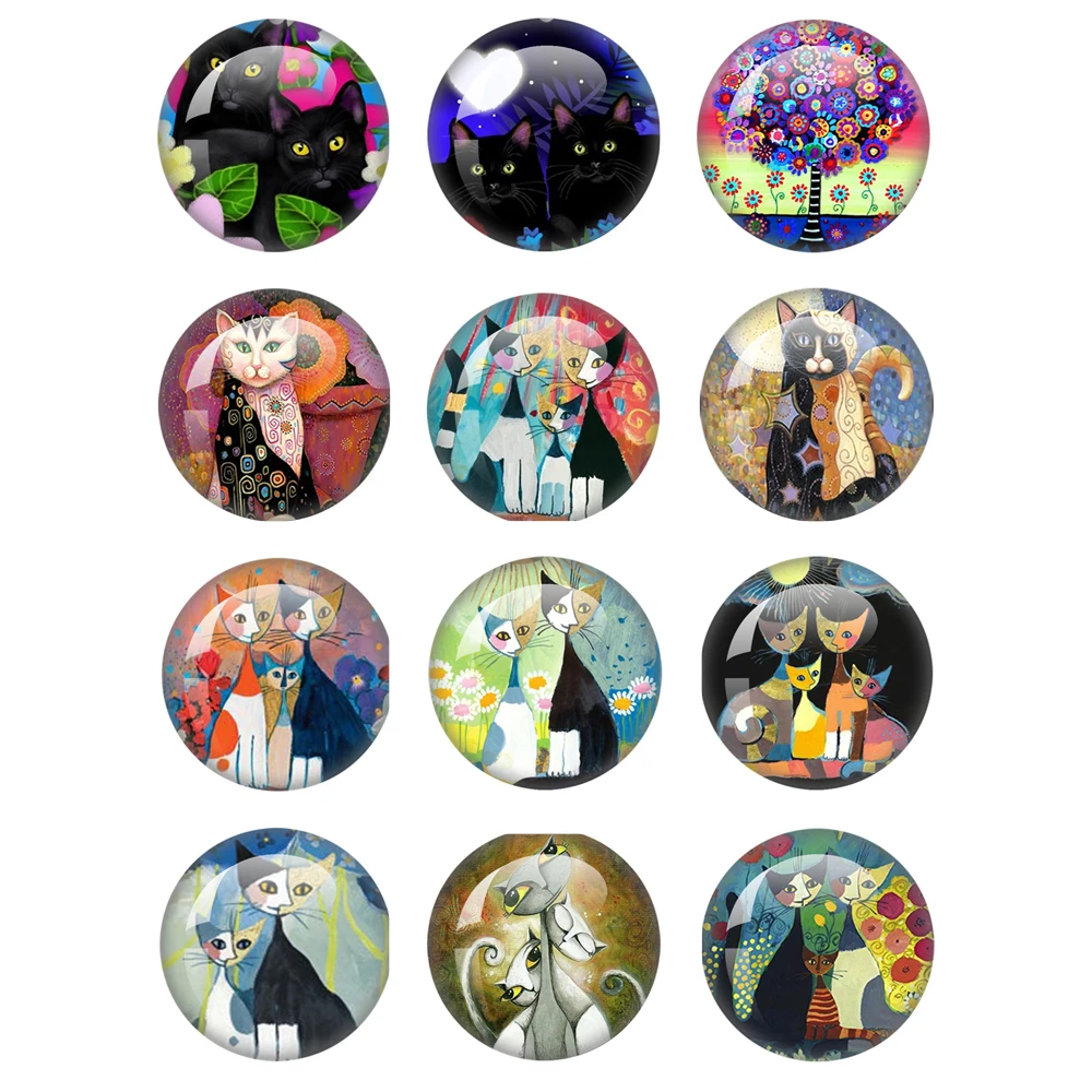 

Fashion Lovely Cartoon Cats 12pcs 12mm/18mm/20mm/25mm Round Photo Glass Cabochon Demo Flat Back Making Findings