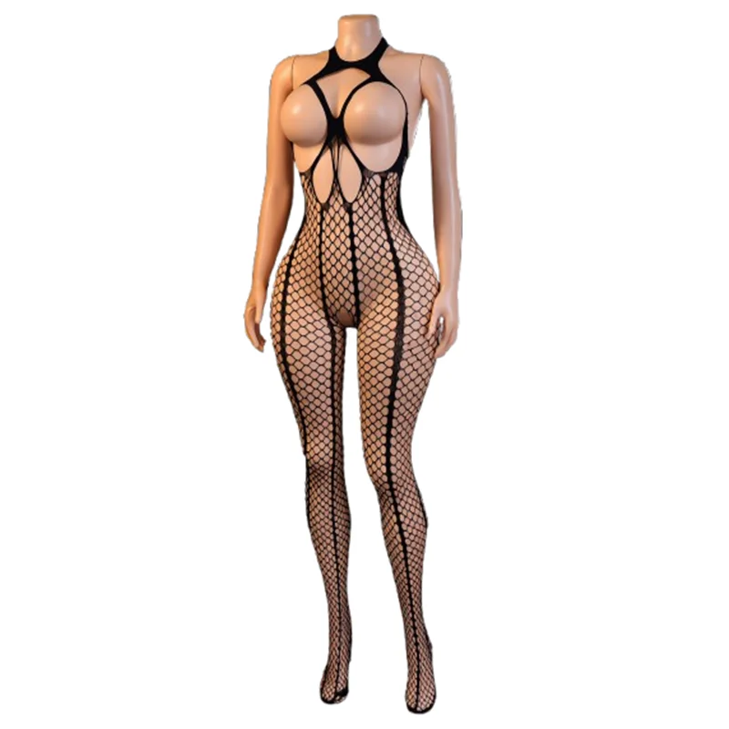 One sexy halter-neck bodysuit for women, featuring vertical stripes and sheer mesh, perfect for romantic and intimate parties.