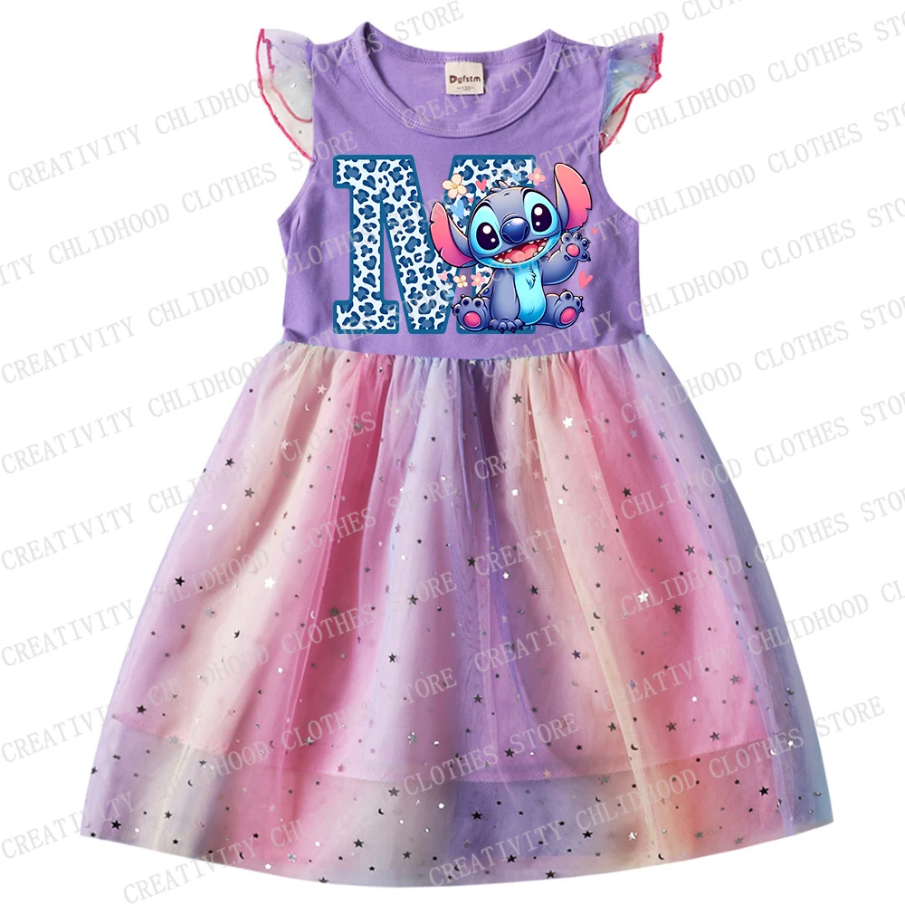 Vestido con estampado de Disney para niña, ropa informal de gasa con letras, Stitch, ABCD, dibujos animados