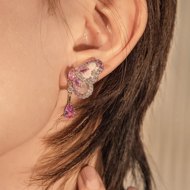 Copper Electroplated Gold New Gradient Pink Shell Butterfly EarringsS925Silver Gold Plated Light Luxury Fashion Niche Earrings M