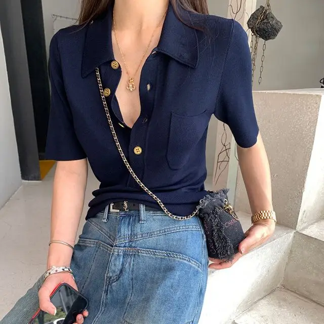 Design-sensible New Knitted Short-sleeved French Sweater High-end Slimming POLO Temperament Top