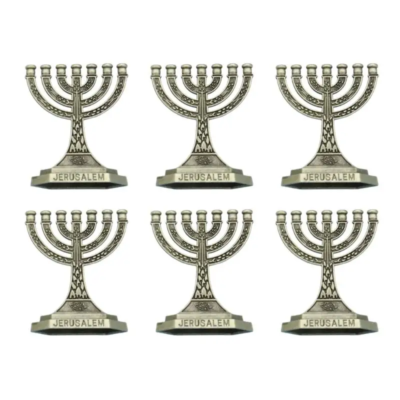 E8BD Six Cast Metal 7-Branch Statuettes with Antiqued Relief Texture and Separate Bags for Each Figurine Before Display