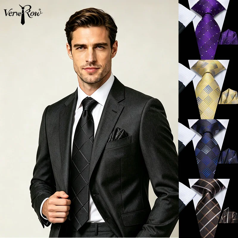 VerveRow Men Black Rhombus Necktie & Pocket Square Set, Luxury Geometric Pattern Tie for Formal Suit Wedding Business