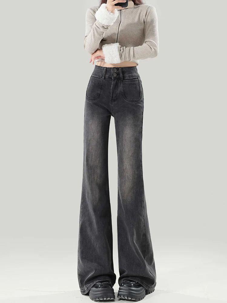 جينز نسائي أمريكي بخصر مرتفع وأرجل واسعة، مقاسات كبيرة، بأزرار مزدوجة، فضفاض ونحيف، بنطلون طويل كاجوال من القطن الدنيم