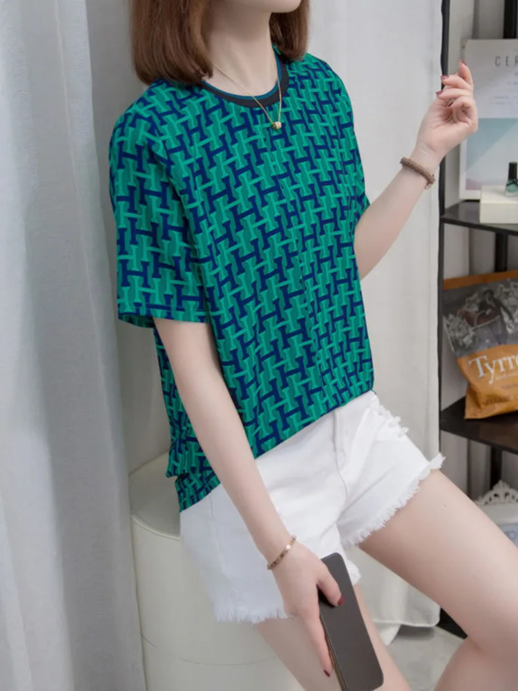 

L-4XL Large Size Chiffon T-shirt Women Summer Fashion Letter Print Loose Green Tees Tops Screw Thread Round Neck Oversize Tshirt