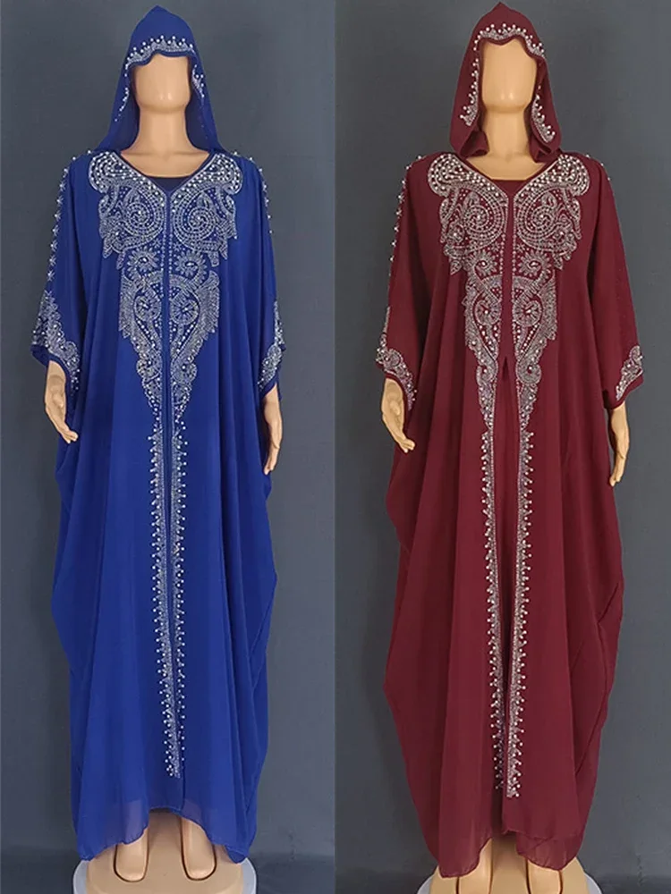 Eid Muslim Dress For Women Hooded Abaya 2 Piece Set Diamond Jalabiya Morocco Party Dresses Dubai Abayas Kaftan Vestido Long Robe