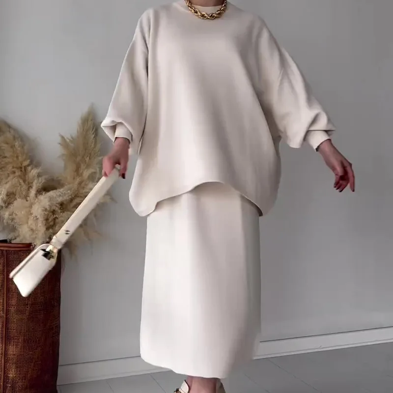 

Women Thick Sweater Two Piece Skirt Sets Knit Pullover Full Sleeve Round Neck Spliced Casual Straight Skirts Sweater Loose