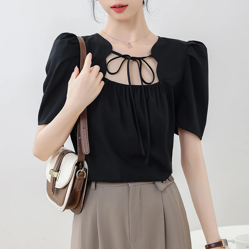 

Summer French Puff Sleeve Fhort Sleeve Chiffon Shirts Women Clothing Vintage Square Collar Tops Casual Loose Commute Blouse