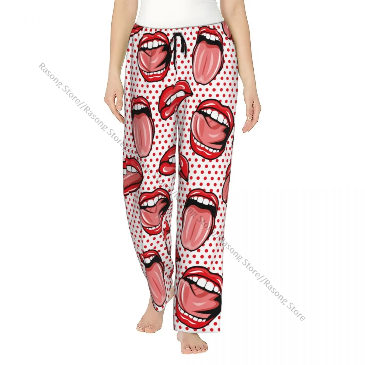 

Cozy Flannel Pajama Pants for Women Art Red Mouth Lip Tongue Dot Pattern Sleep Bottoms Home Loungewear