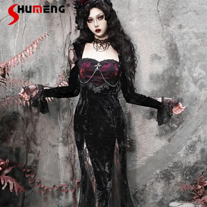 

Japanese Gothic Halloween Lace Slim Long-sleeved Black Velvet Fishtail Dress Women's Clothing Spring 2024 Long Vestidos De Mujer