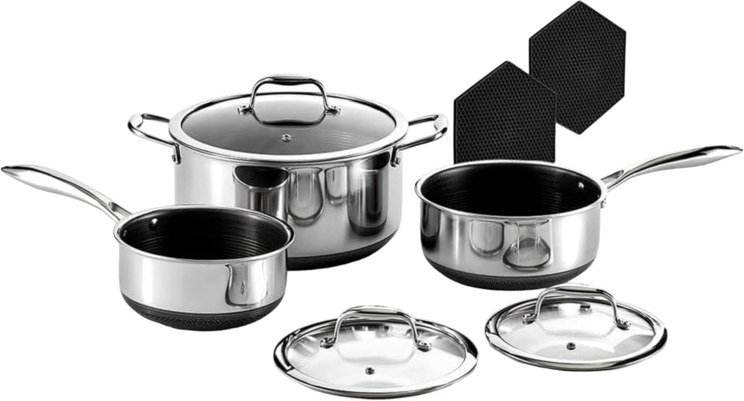 Hybrid Nonstick 6-Piece Pot Set with Trivets, 2, 3, and 8-Quart Pots with Tempered Glass Lids