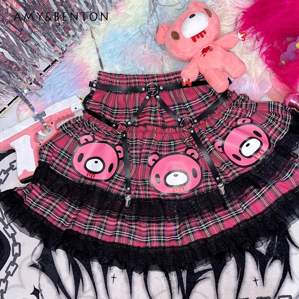

2025 New Homemade Original Japanese Harajuku Cartoon Print Double Layer Y2K Spice Girl Cake Skirt Belt For Women
