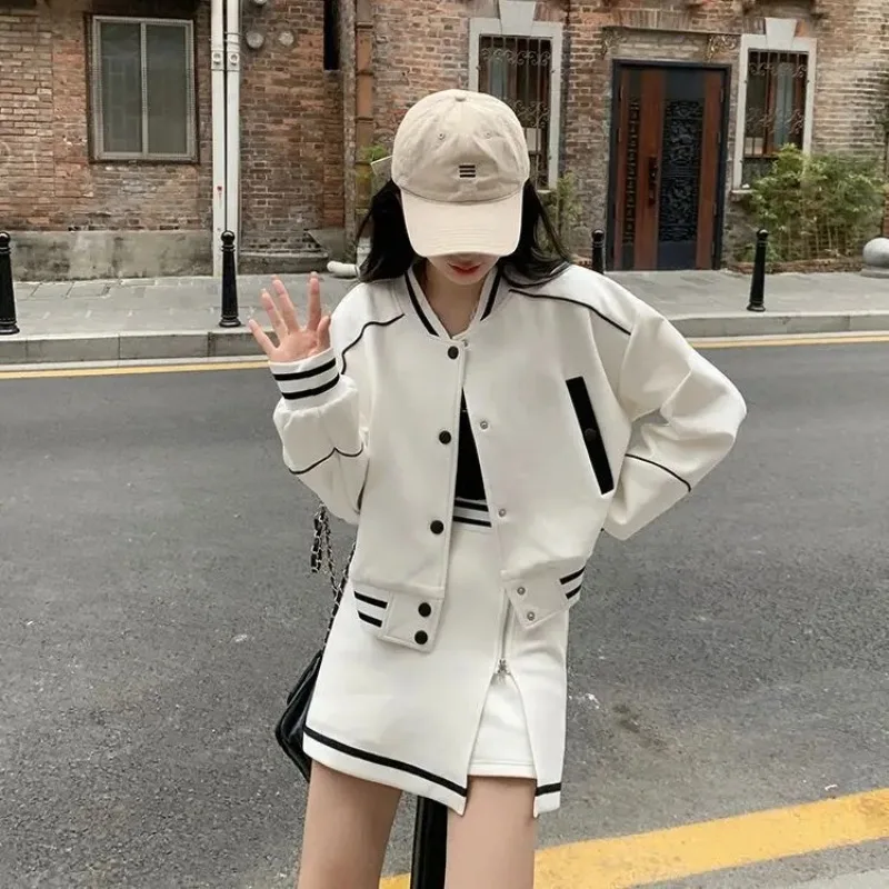 Women Spring Autumn Sporty Style Baseball Coats Skirts Two Piece Suits Lady Fashion Tracksuit Korean Black Jackets Skirt Outfits