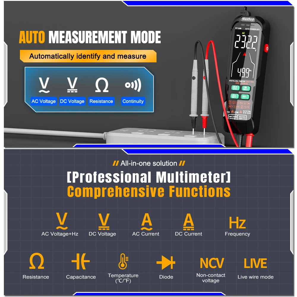 MASTFUYI  Large Display Digital Multimeter AC DC Voltage Current True RMS 1000mAh Lithium Battery USB charging Auto Range