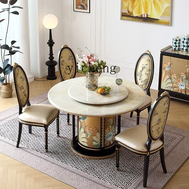 

Palace Style New Chinese Solid Wood Painted Luxury Villa with Turntable Marble Round Dining Table and Chairs
