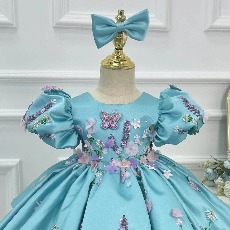

Custom Flower Girl Dress Wedding Gown Birthday Party Pageant Puff Sleeve 3D Floral Satin Baby Dress With Bow فساتين اطفال