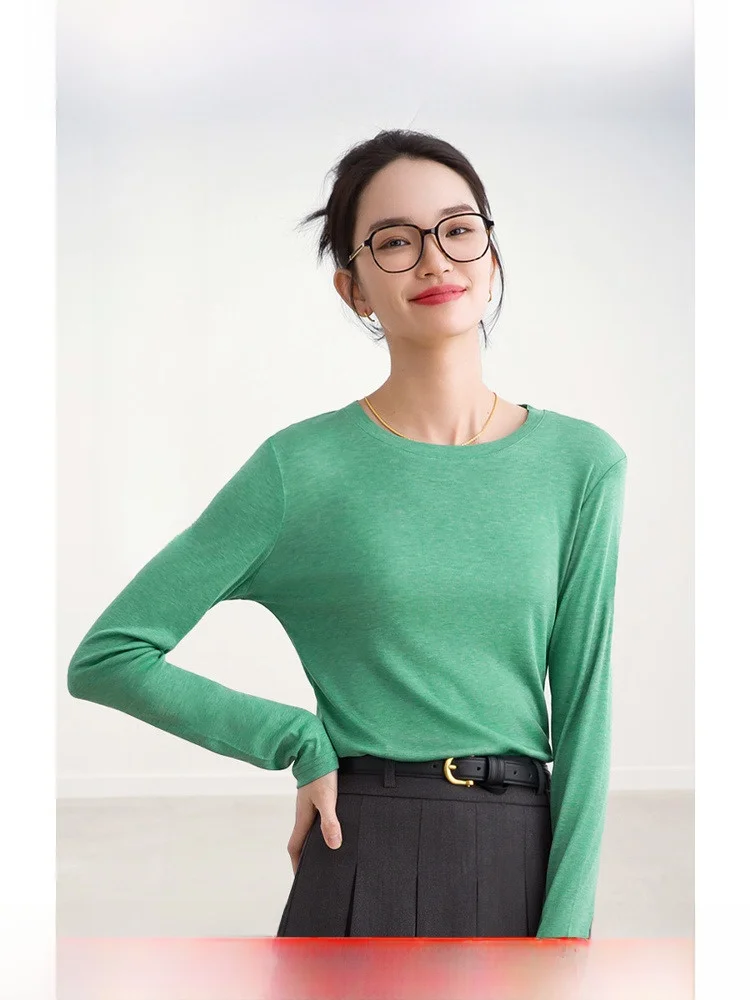 

ROCO Ретро Высококачественный шелковый лиоцелл, мягкая круглая тонкая футболка Ne Long Sve, модная универсальная осенняя новинка, женское поступление...