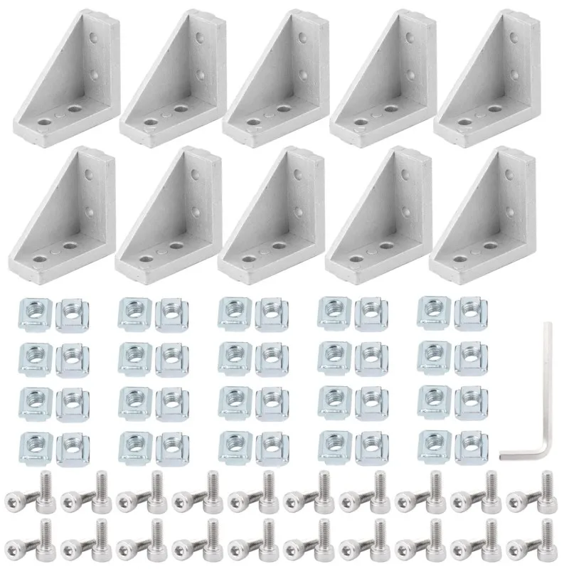 2020 2040 Series Aluminum Profile Connector Set 10pcs Corner Bracket + 40pcs M4 T-Slot Nuts + 40pc M4x10mm Hex Socket Screw Bolt