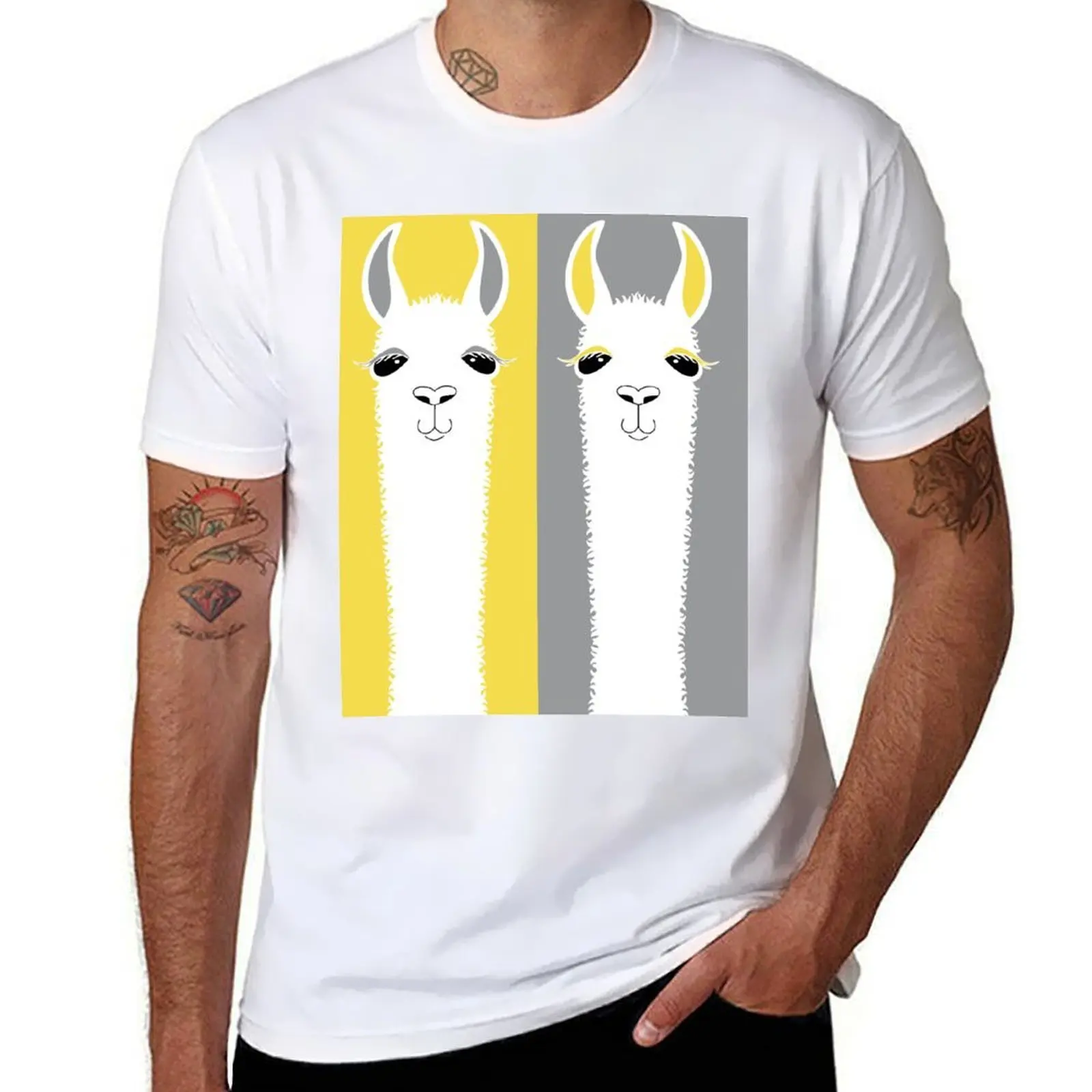 تي شيرت LLAMA PORTRAIT أصفر رمادي تي شيرت للرجال تي شيرت قطني عالي الجودة