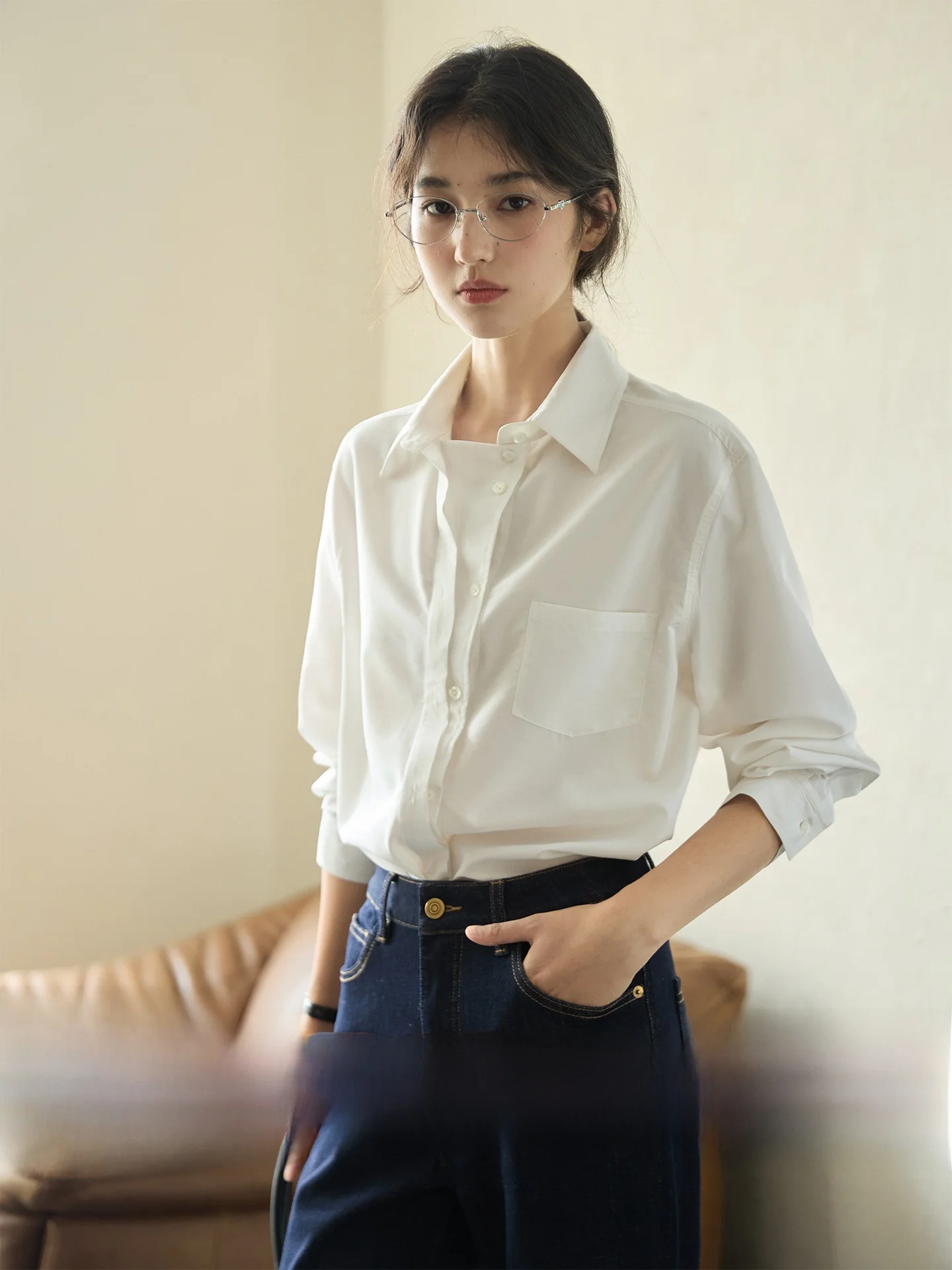 

Retro GINNKEE Women's irt Pink White oulder Button up Long Sve Polyester Viscose Blend Regular Fit Daily Wear