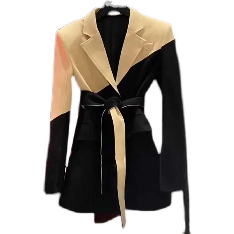 [ZOCI] French High-level Color Blocking Tie Up Suit Coat 2024 Autumn Winter New Design Sense Casual Fried Street Top