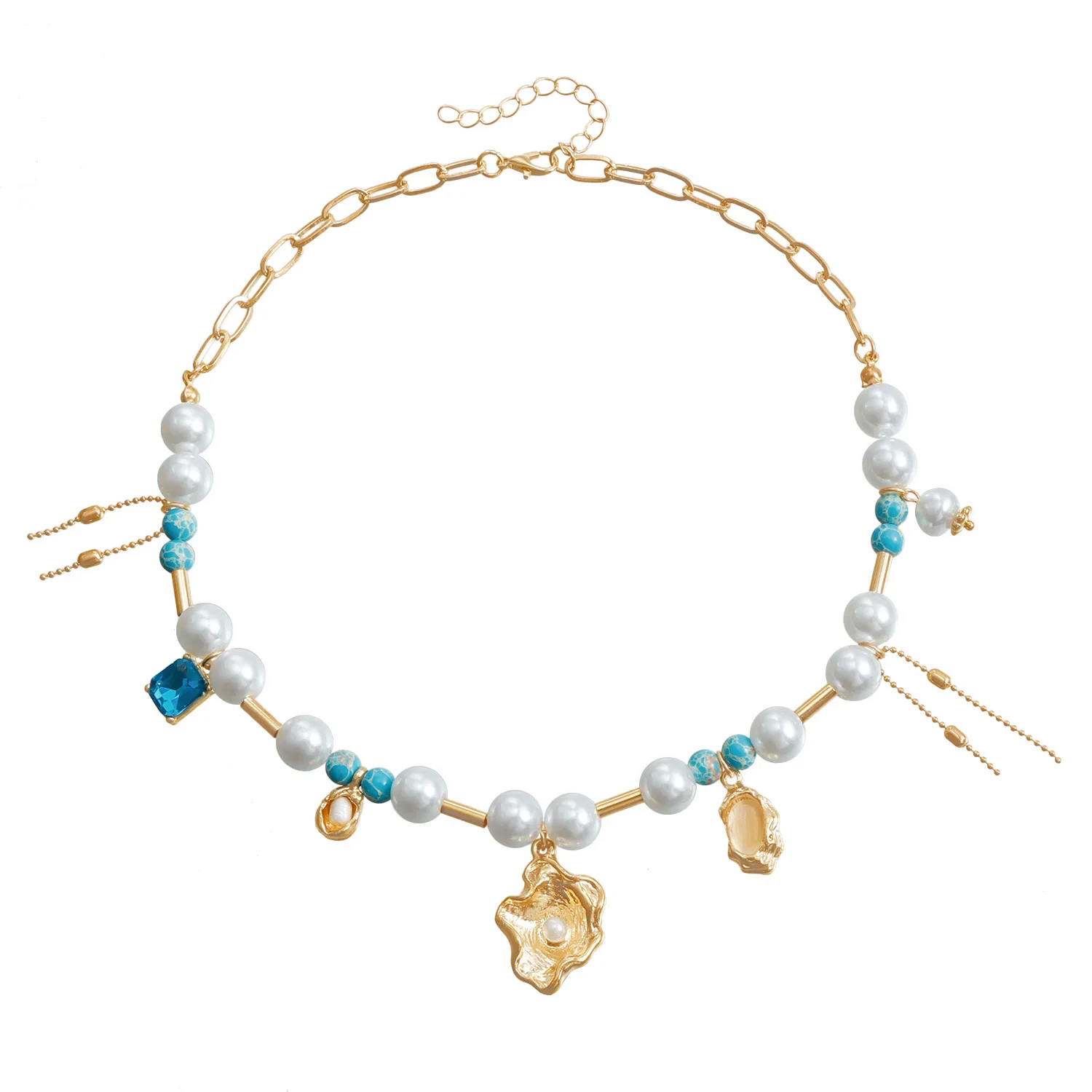 The Latest Fashion Trend Accessories Seashell Cat's Eye Imitation Pearl Turquoise Splicing Personality Fringe Necklace