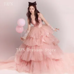 TAFN Princess Pink Photo Shooting Dresses Sweetheart Collar Strapless Tiered Tulle A-line Ball Gown for Birthday Customized