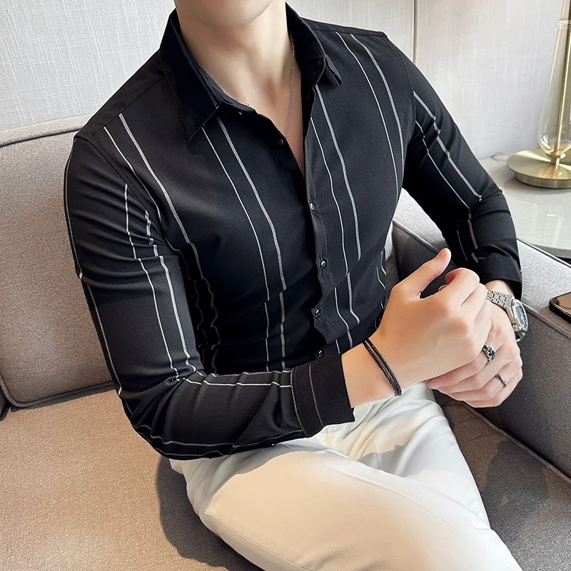 Stripes Men Shirts High Quality Casual Business Dress Shirt Long Sleeve Social Slim Fit Party Streetwear Blouse Men Clothing