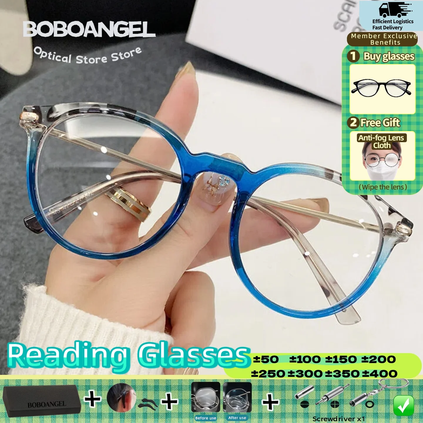 

BOBOANGEL Men Women Optical Myopia Progressive Customized Eyewear Fashion Round Anti Blue Light Prescription Reading Glasses