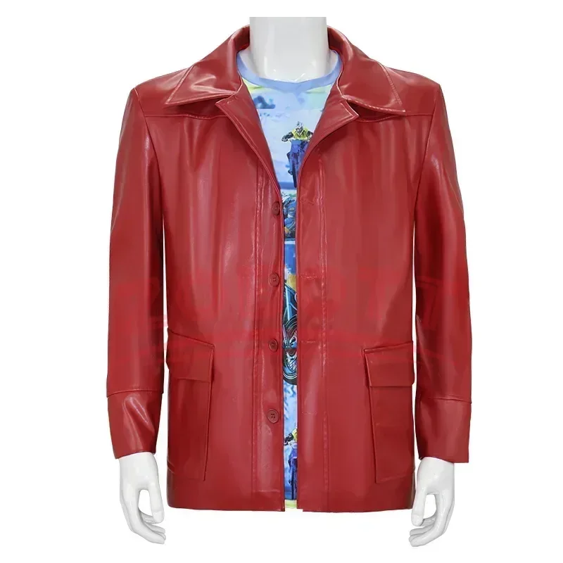 Hot Fight Club Tyler Durden Cosplay Costumes In Stock Brad Biker Leather Jacket Red Coat Shirt Glasses Halloween Party Suit