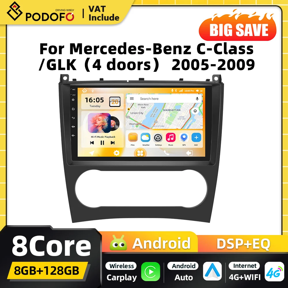 Podofo 2DIN Android Autoradio-Player für Mercedes-Benz C-Klasse GLK 2005-2009 Intelligentes System Carplay GPS-Navigation FM RDS