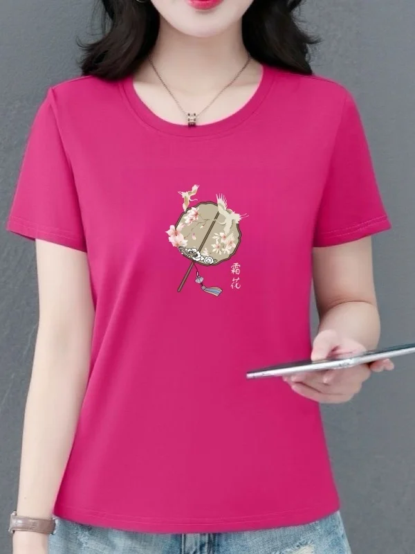 

High-End Short Sleeve round Neck Printed T-Shirt Women's Summer Loose Fashion Casual Top Mom's Clothing Polyester Fiber