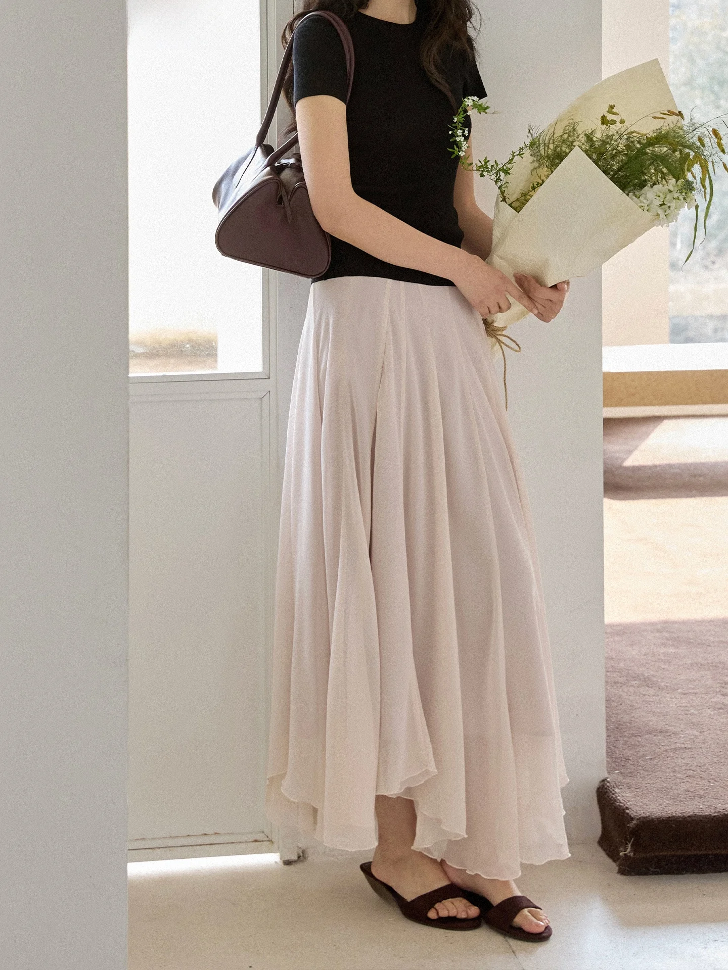 

Pink Asymmetrical Splice Long Skirt Women's Spring Season GINNKEE Standard Fit Polyester Fiber Draping Effect Half-length Skirt