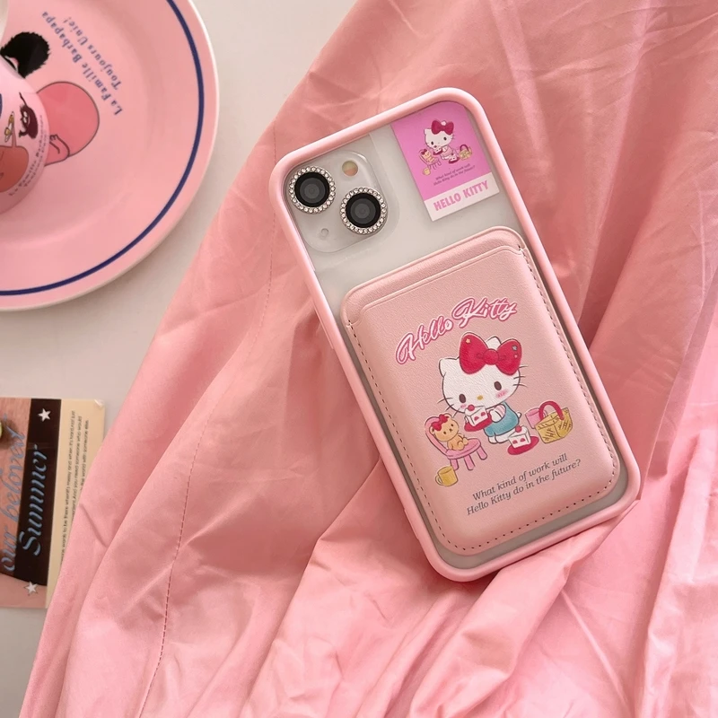 Cute Sanrio Hello Kitty Magnetic Wallet Holder Magsafe Wireless Charge Phone Case For iPhone 15 14 13 12 11 Pro Max Clear Cover