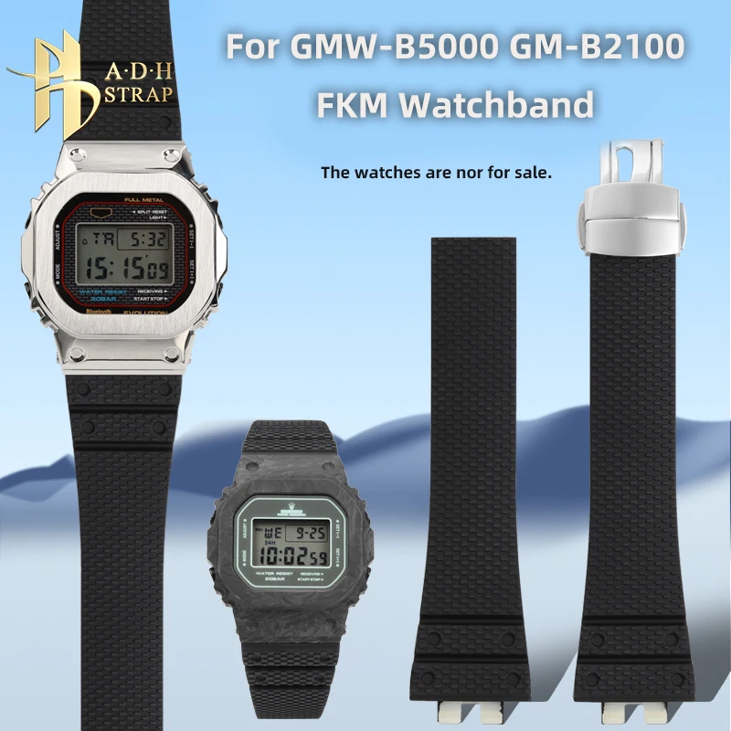 

For Casio G-shock Series GMW-B5000 GM-B2100 FKM Watchband Men's Black Fluororubber Watch Strap for gmw-b5000 Waterproof Dustproo