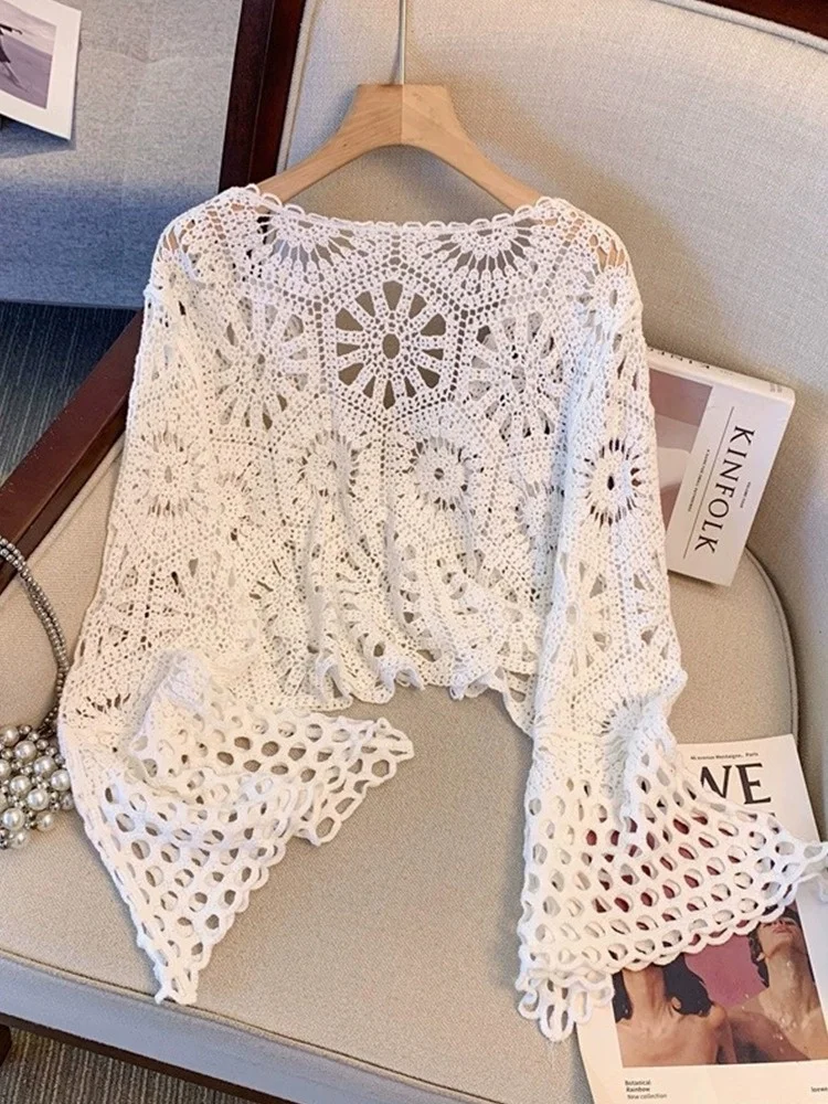 كارديجان نسائي طويل الأكمام بنمط بوهيمي، رقيق للصيف مع عقدة فراشة وحزام، قميص دانتيل للحماية من الشمس