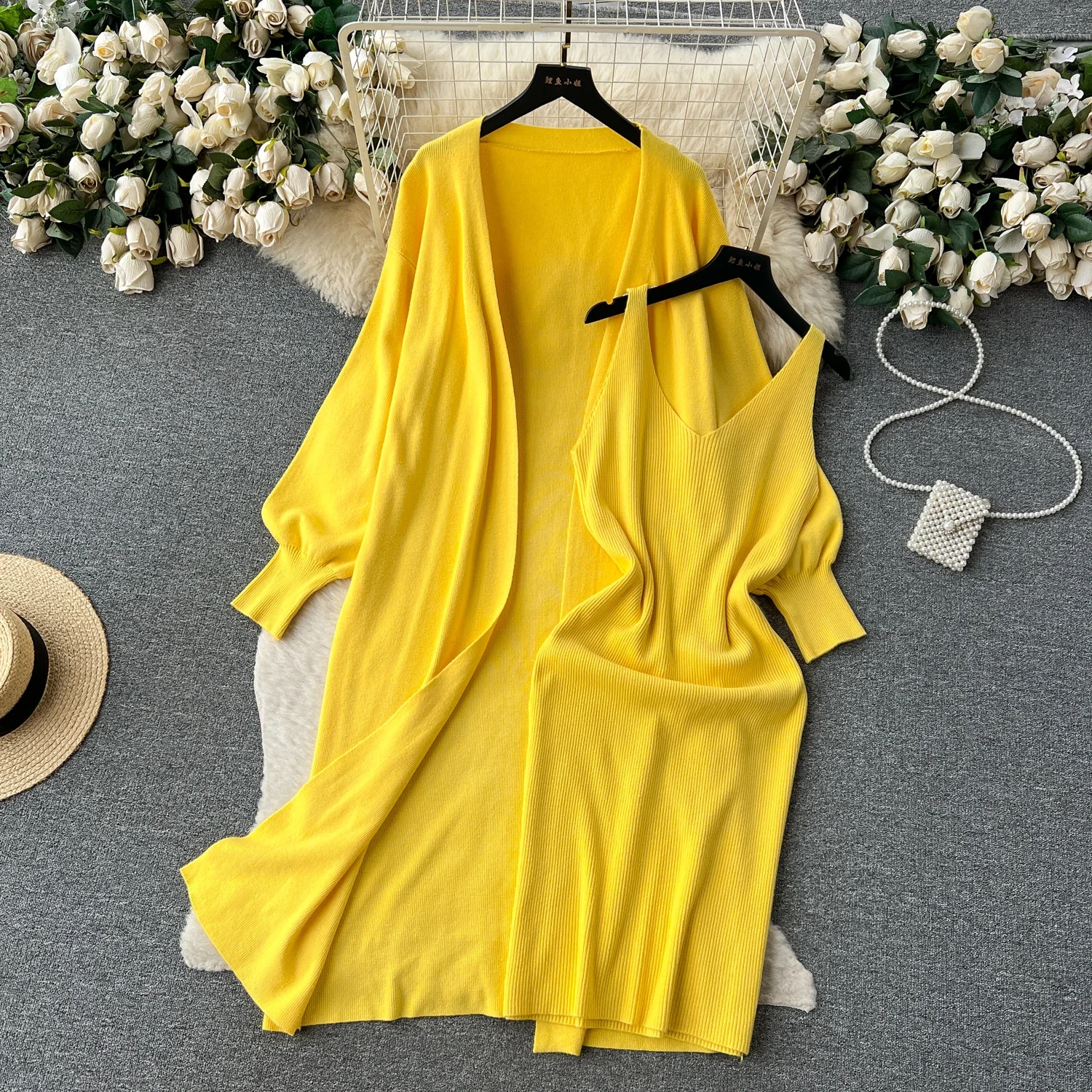 Women Elegant Knit Two Pieces Sets Sweater Long Sleeve Cardigan and Stretch Bodycone Vneck Slip Dress Autumn Winter Pencil Dress