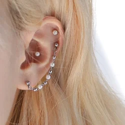 1PC Stainless Steel Earring Helix Piercing Faux Pearl Chain Double Earring Conch Piercing Jewelry Punk Ear Cartilage 16G20G