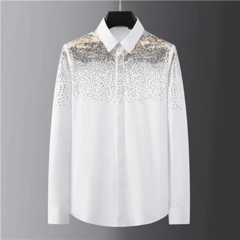 Men's clothing spring and autumn high quality heavy craft golden beads trend embroidery business fashion starry sky slim shirt
