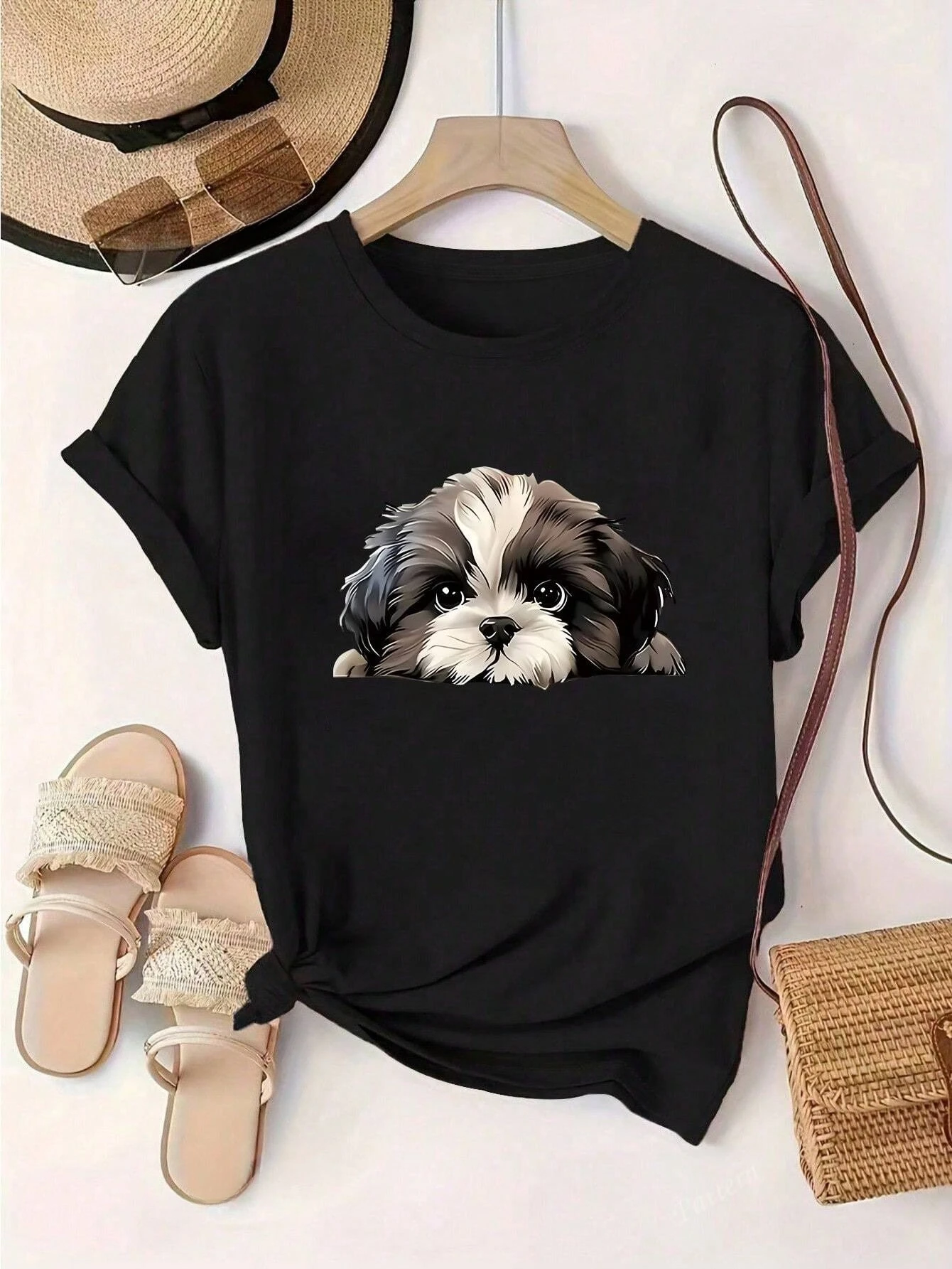 

Summer Women's Plus Size Short Sleeve Interesting Printed Tees Cute Shih Tzu & Cat Cartoon Pattern Casual Comfortable T-Shirt