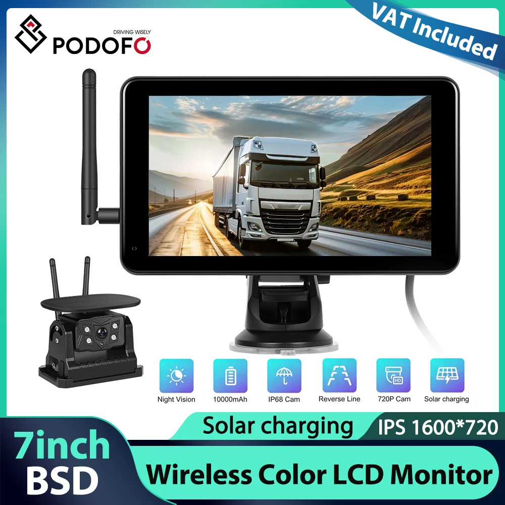 Monitor per retromarcia da 7'' con schermo touchscreen Podofo, funzione BSD, telecamera wireless per retromarcia, monitor di backup, telecamera con ricarica solare e registrazione in loop