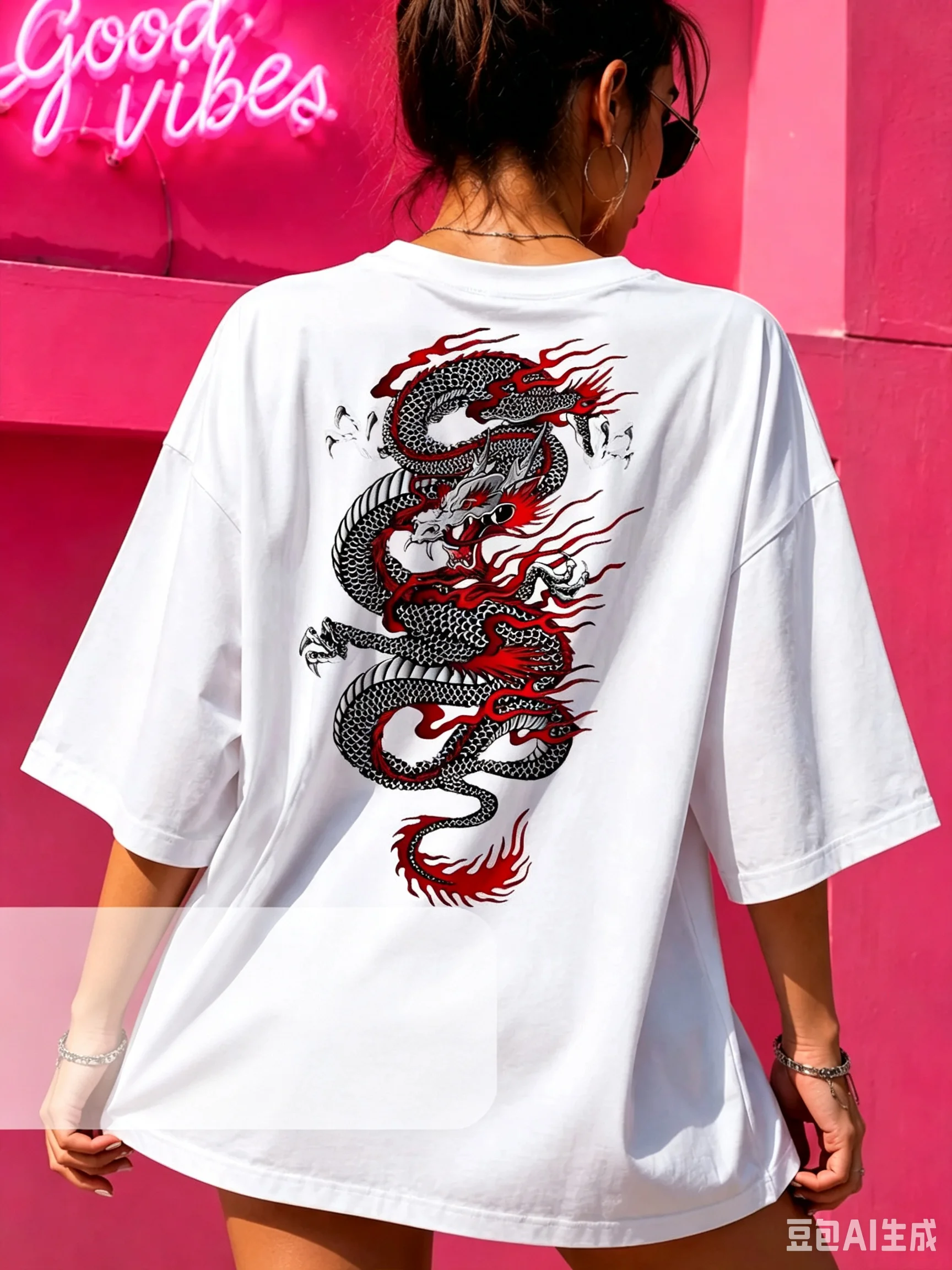 New100% Soft Cotton Y2K Alt Street White Oversized Tee Red Black Oriental Dragon Tattoo Ink Flame Print Hip Hop Grunge Punk Top